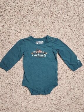 Carhartt Teal Green Long-Sleeve Baby Bodysuit with Farm Graphic